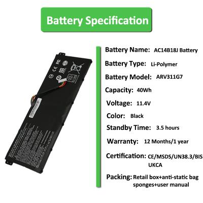 11.4V 40Wh AC14b18J バッテリー Acer Laptop Aspire V3-111用
